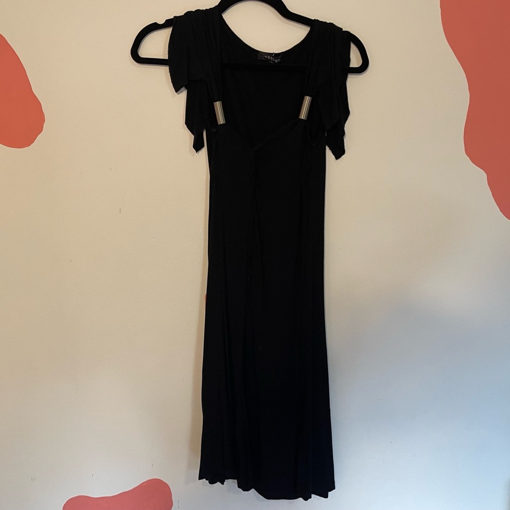 black stretchy coverup dress size medium w/silver hardware by collar/sleeve.
